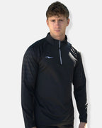 Haut running manches longues zippé noir pour homme porté de face, logo éclair brodé Inazuma Originals
