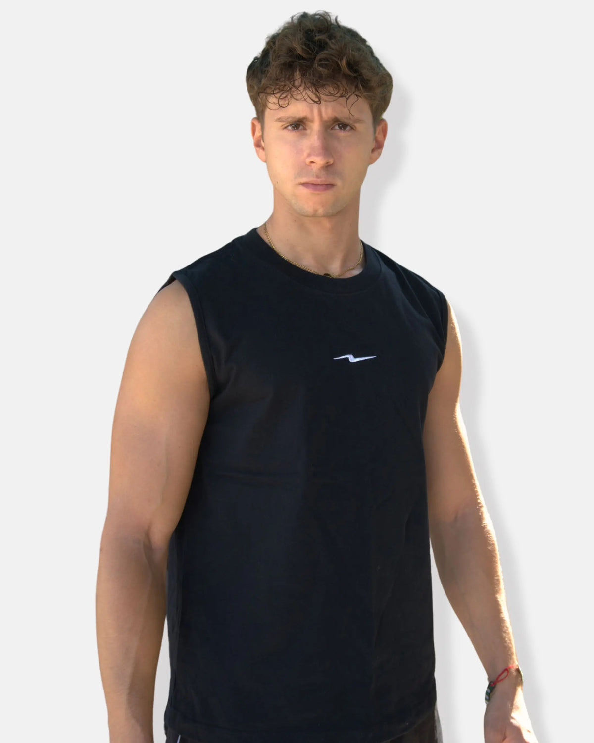 Débardeur musculation noir 100 % coton, épaules dégagées